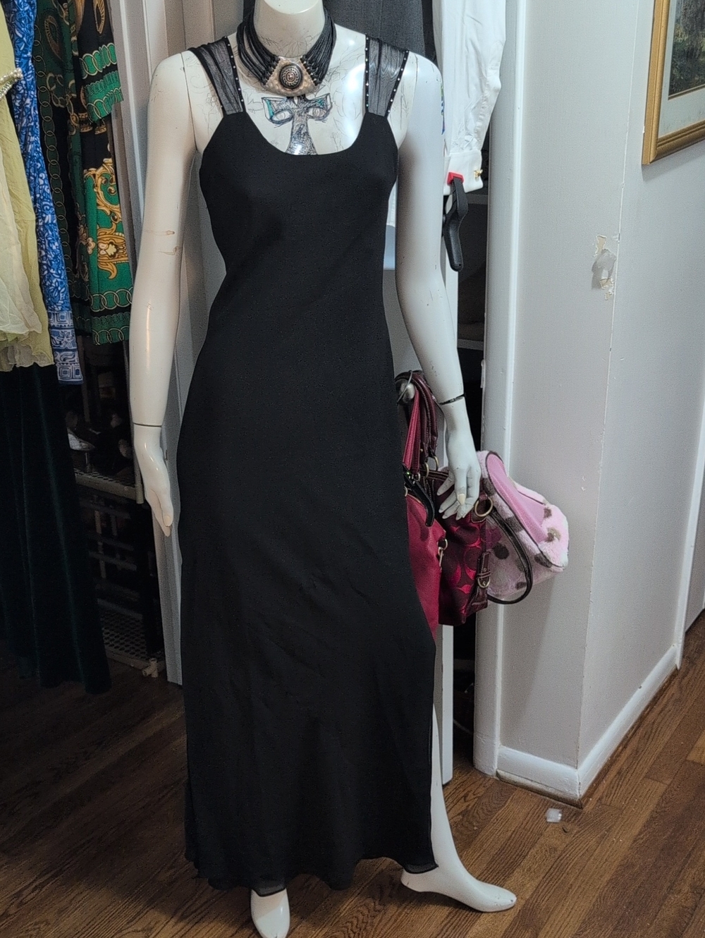 Betsy & Adam Black Maxi Dress with Sheer Strap Accents